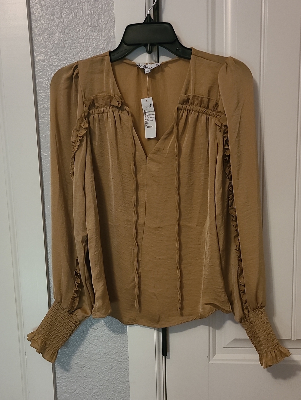 Sam Edelman Camel Ruffle-Trim Long Sleeve Blouse